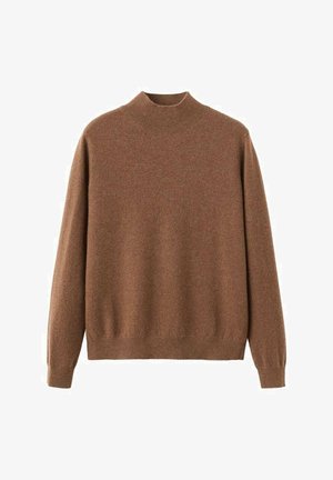 Brown knitted sweater, mock neck, long sleeves, ribbed cuffs and hem, soft texture, lightweight, minimalistic design with no patterns.