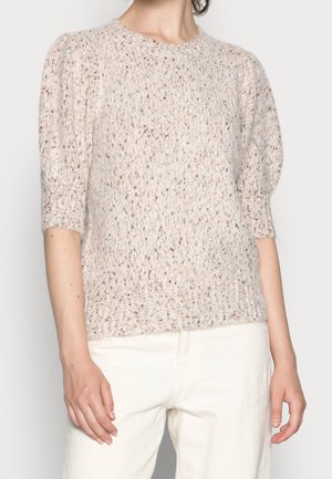 Lichtbeige gebreide trui met korte, pofmouwen en gestructureerde stof. Het heeft een ronde halslijn en een ribbelrand.