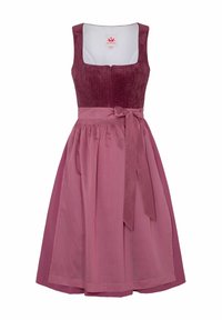 Bordeauxfarbenes Kleid mit einem quadratischen Ausschnitt, strukturiertem Oberteil und einem ausgestellten rosa Rock. Verfügt über einen Taillengurt und eine glatte Stoffoberfläche.