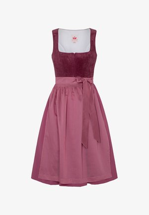 Bordeauxfarbenes Kleid mit einem quadratischen Ausschnitt, strukturiertem Oberteil und einem ausgestellten rosa Rock. Verfügt über einen Taillengurt und eine glatte Stoffoberfläche.