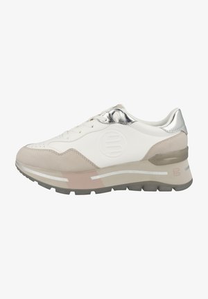 White and beige sneaker with a textured leather upper, metallic silver accents, and a cushioned sole. Features a logo on the side.