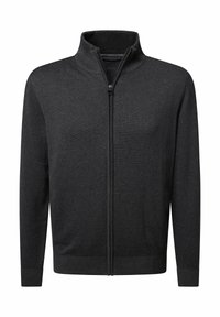 Donkergrijze heren gebreide trui met volledige ritssluiting, voorzien van een geribde staande kraag, manchetten en onderrand, weergegeven op een witte achtergrond.