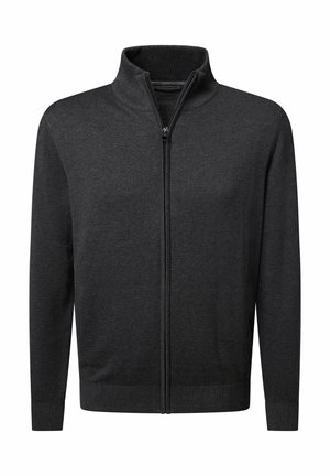 Dunkelgrauer Herren-Strickpullover mit durchgehendem Reißverschluss und geripptem Stehkragen, Bündchen und Saum, auf weißem Hintergrund präsentiert.