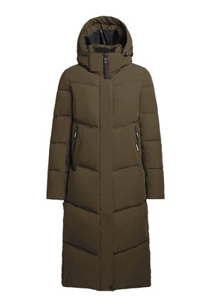 Long, olive green puffer coat with a hood, featuring a zip front, two side pockets, and horizontal quilted patterns for insulation.
