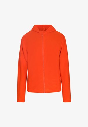 Jachetă din fleece portocalie cu fermoar pe toată fața, glugă și mâneci lungi, având o textură netedă și un design simplu, fără embellishments suplimentare.