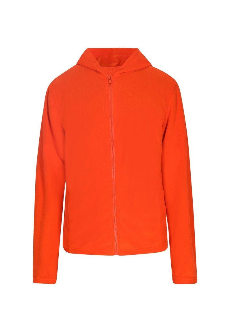Giacca in fleece arancione con zip frontale completa, cappuccio e maniche lunghe, dal texture liscia e design semplice senza ulteriori decorazioni.