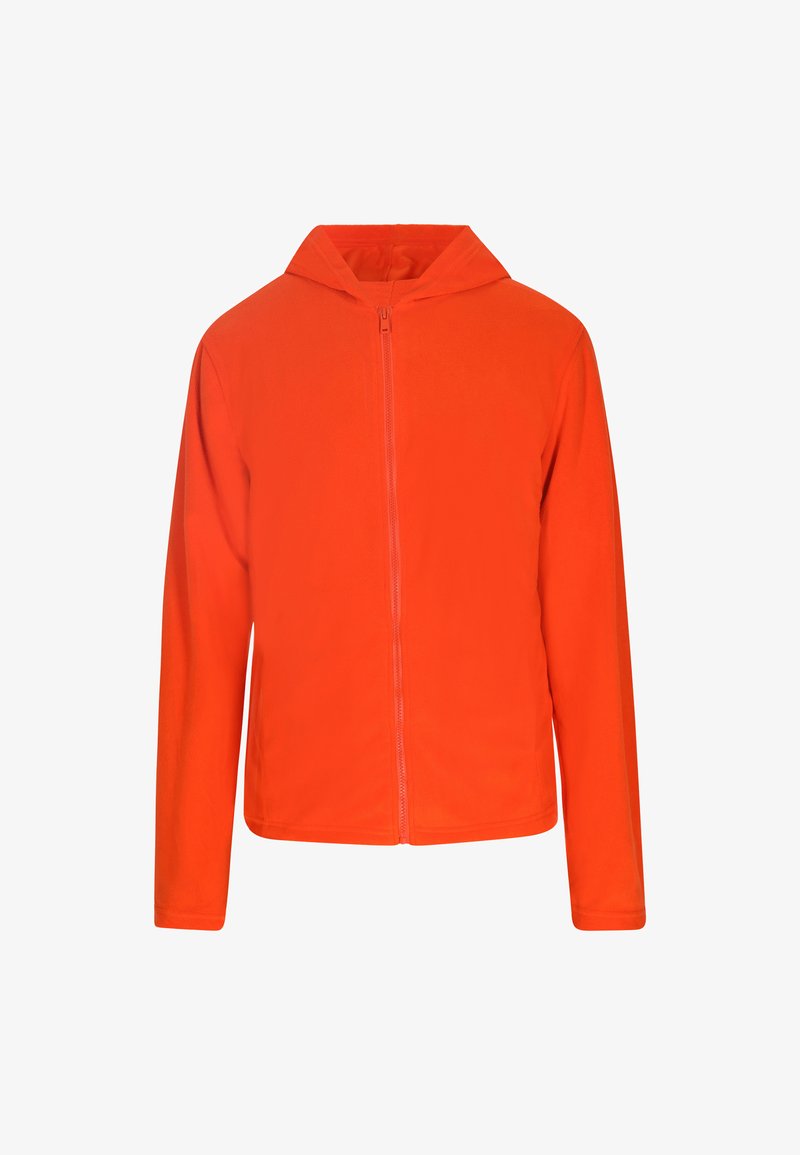 Giacca in fleece arancione con zip frontale completa, cappuccio e maniche lunghe, dal texture liscia e design semplice senza ulteriori decorazioni.