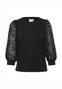 Black top with short, lace puff sleeves. Smooth main body fabric. Round neckline. Lace has floral pattern. Soft texture overall.