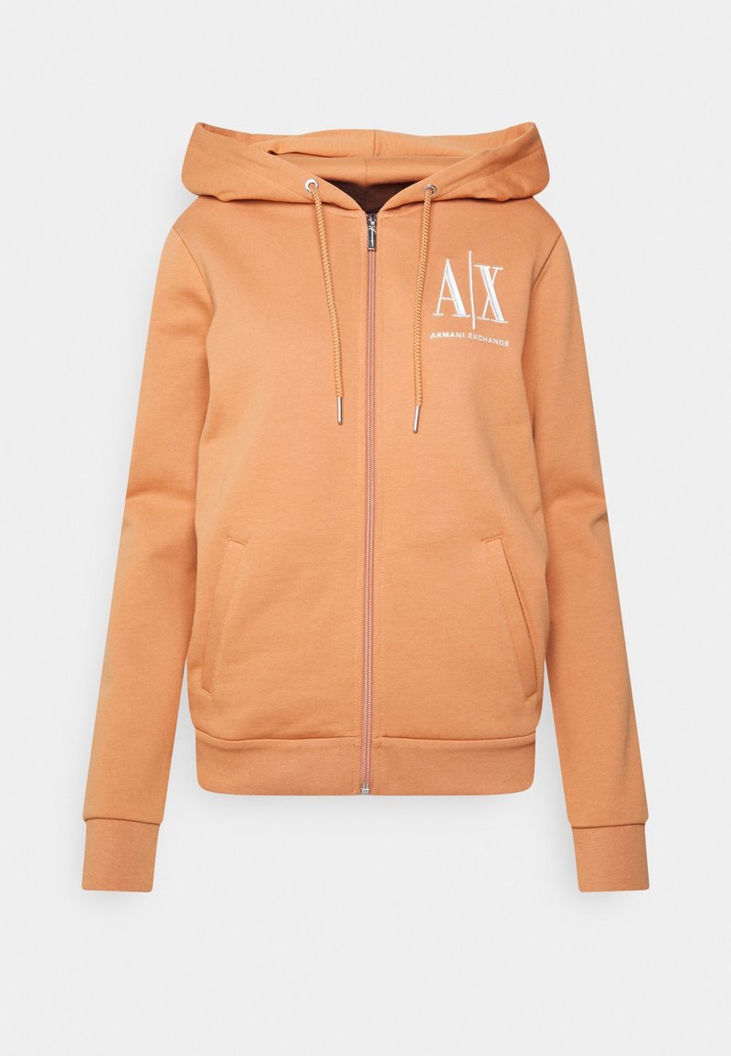 Sweat à capuche zippé marron clair avec cordons, deux poches avant et logo blanc "A|X Armani Exchange" sur la poitrine gauche.