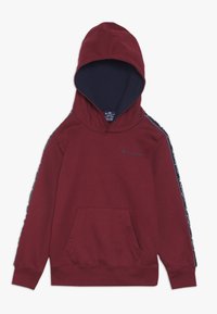 Felpa con cappuccio color bordeaux, con interno blu navy, tasca frontale e strisce laterali con logo. Tessuto morbido con polsini e orlo a coste.