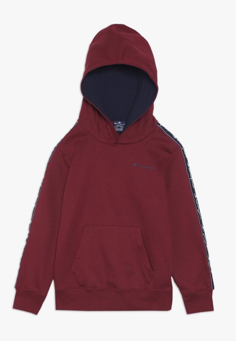 Felpa con cappuccio color bordeaux, con interno blu navy, tasca frontale e strisce laterali con logo. Tessuto morbido con polsini e orlo a coste.