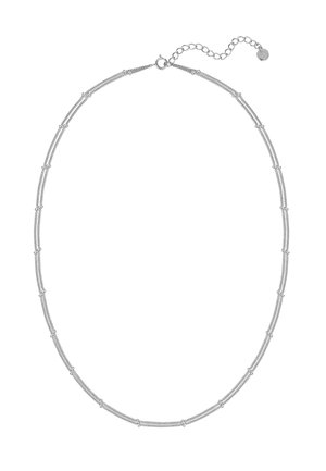 Silberne Halskette mit abwechselnd strukturierten und glatten zylindrischen Abschnitten, ausgestattet mit einer Kettenverlängerung und einem kleinen Anhänger zur Anpassung.