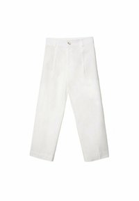 Pantalon en lin blanc avec une taille haute, des plis et une coupe raccourcie. Texture lisse avec une fermeture à un seul bouton.