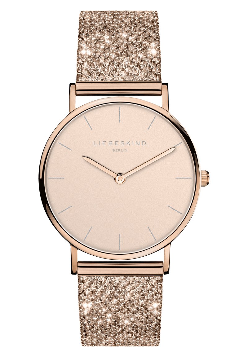 Runde Uhr mit einem Gehäuse aus roségoldfarbenem Metall und einem beigen Zifferblatt. Verfügt über ein strukturiertes roségoldfarbenes Armband, das mit schimmernden Akzenten verziert ist.