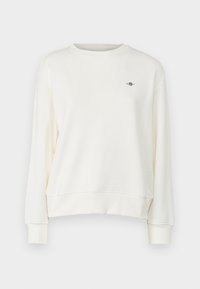 Sweat-shirt blanc à manches longues avec col rond, poignets et bas côtelés, avec un petit logo brodé sur la poitrine gauche.