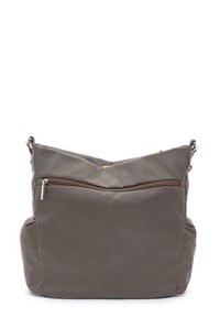 Borsa a spalla in tessuto grigio con superficie testurizzata, dotata di chiusura a zip superiore, tasca frontale con zip e tracolla regolabile.