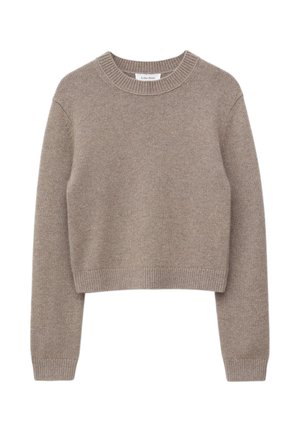 Taupe crewneck long-sleeve knitted sweater with ribbed cuffs and hem, cropped fit, laid flat on white background.