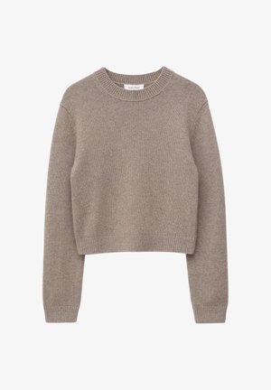 Taupe crewneck long-sleeve knitted sweater with ribbed cuffs and hem, cropped fit, laid flat on white background.