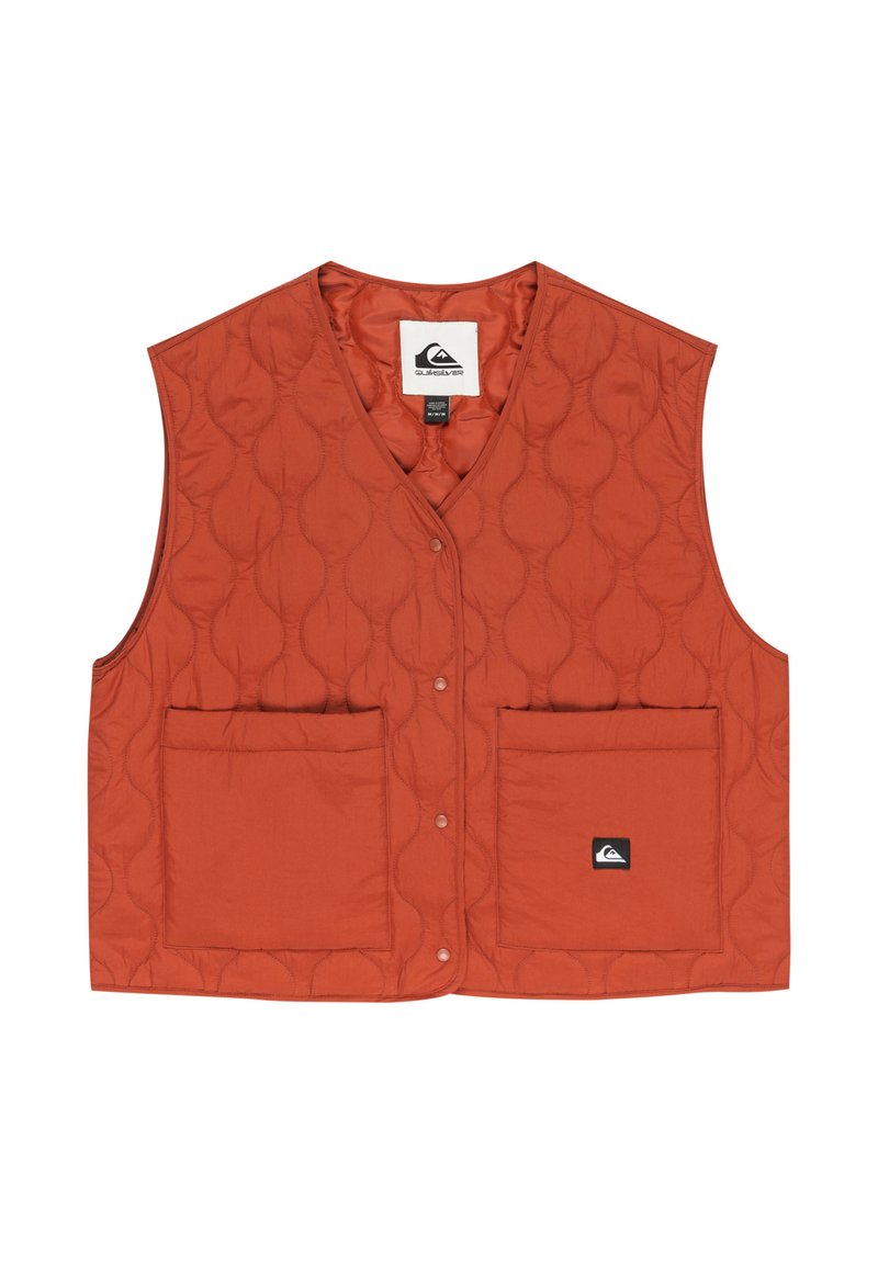 Padded vesta v spálené oranžové barvě s prošívaným designem, vybavená výstřihem do V, patentním zapínáním a dvěma předními kapsami. Logo štítek na kapse.