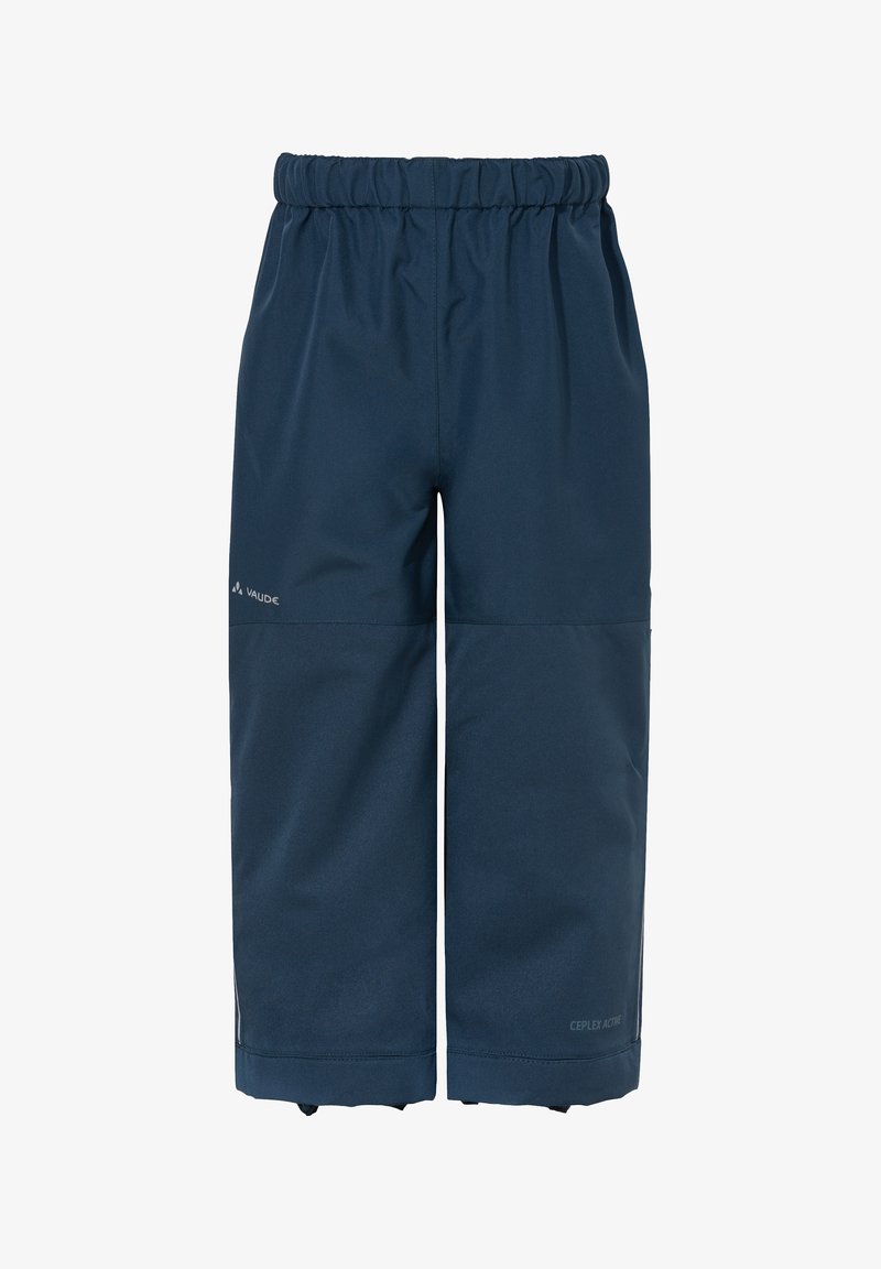 Mørkeblå vanntette bukser med elastisk midjebånd, innsvingte ben og reflekterende detaljer. Har "VAUDE"- og "CEPLEX ACTIVE"-logoer.