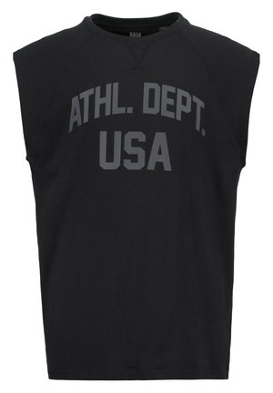 Black sleeveless shirt with gray text "ATHL. DEPT. USA" printed on front in bold block letters.