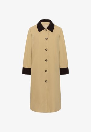 Beige trench coat with a dark brown corduroy collar and cuffs, featuring six large buttons down the front and long sleeves.