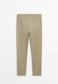 Beige casual pants with two back pockets, belt loops, and straight-leg design, displayed flat on a white background.
