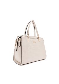 Borsa bianca con motivo coccodrillo, finitura liscia, bordi neri e hardware dorato. Presenta manici doppi e una forma strutturata.