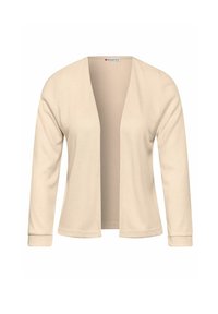 Beige cardigan van zachte stof, open voorkant, lange mouwen en subtiele textuur. Voorzien van een label met de naam "Street One" bij de halslijn.