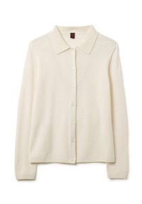 Cardigan bianco, leggero, con colletto classico, chiusura a bottoni e polsini a coste. Texture morbida, design semplice, adatto per essere indossato a strati.