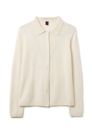 Cardigan bianco, leggero, con colletto classico, chiusura a bottoni e polsini a coste. Texture morbida, design semplice, adatto per essere indossato a strati.