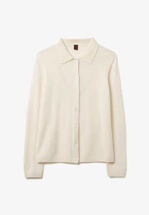 Weißer, leichter Cardigan mit klassischem Kragen, durchgehender Knopfleiste und gerippten Bündchen. Weiche Textur, schlichtes Design, geeignet zum Layering.