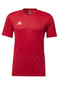 Maglia sportiva rossa a maniche corte realizzata in tessuto leggero. Presenta un colletto a V e il logo Adidas in bianco sul lato sinistro del petto.