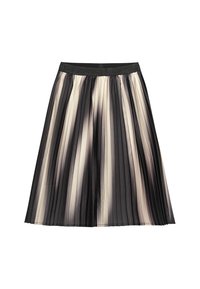 Faltrock in Schwarz und Beige mit einem breiten schwarzen elastischen Bund. Verfügt über vertikale Streifen und ein fließendes Design aus leichtem Stoff.