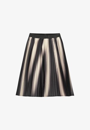 Faltrock in Schwarz und Beige mit einem breiten schwarzen elastischen Bund. Verfügt über vertikale Streifen und ein fließendes Design aus leichtem Stoff.