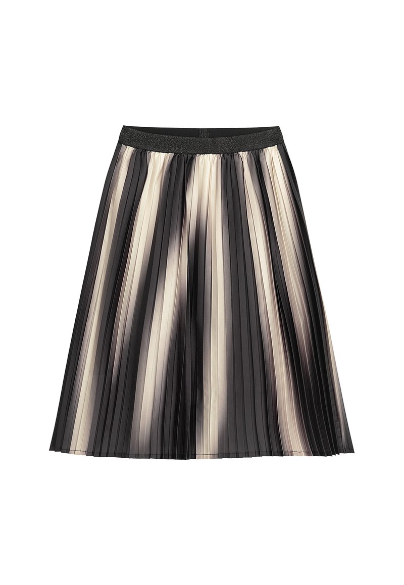 Faltrock in Schwarz und Beige mit einem breiten schwarzen elastischen Bund. Verfügt über vertikale Streifen und ein fließendes Design aus leichtem Stoff.
