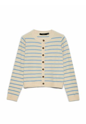 Cardigan crème avec des rayures horizontales bleu clair, col rond et sept boutons marron sur le devant, manches longues.