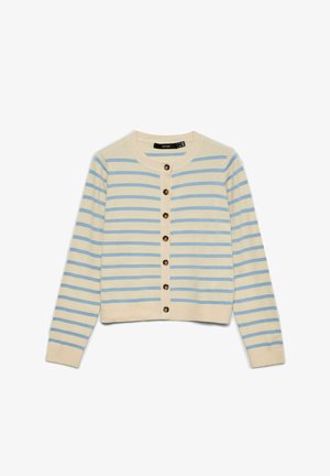 Krem kardigan s svijetloplavim horizontalnim prugama, okrugli izrez, i sedam smeđih dugmadi sprijeda, duži rukavi.