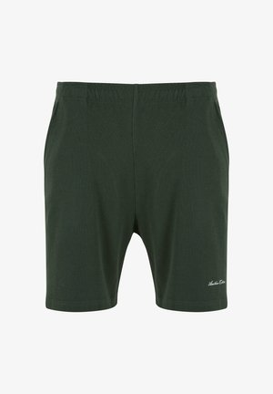 Tumedate rohelised lühikesed püksid, mis on valmistatud tekstureeritud kangast ja millel on elastne vöökoht, külgedel on taskud ja hemil on väike valge logo aktsent.