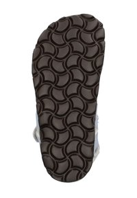 Schoenzool met een geribbeld rubberontwerp met een herhalend cirkelpatroon. Kleuren zijn donkerbruin met lichtblauwe accenten.