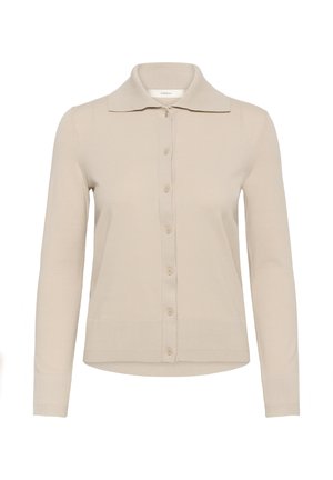 Cardigan beige à manches longues avec fermeture à boutons, col pointu, et poignets et ourlet côtelés.