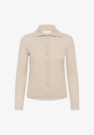 Beige cardigan med lange ærmer, knaplukning, spids krave samt ribstrikkede manchetter og kant.