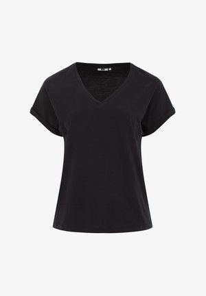 Tricou negru cu decolteu în V și mâneci scurte rulate. Fabricat dintr-un material moale, având o croială lejeră și o textură fină. Design simplu și clasic.