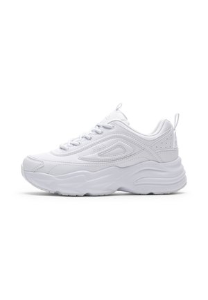 White FILA chunky sneaker with lace-up closure, thick sole, and branded side panel, shown in side view on a white background.