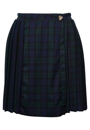 Tartan plisseret nederdel i marineblå og grøn med knaplukning i taljen. Lavet af stof med en glat tekstur og struktureret form.