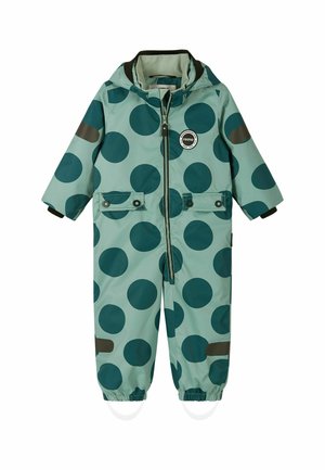 Hellgrüner wasserdichter Kinder-Jumpsuit mit großen dunkelgrünen Punkten, Frontreißverschluss, Kapuze und elastischen Bündchen mit Fußriemen.