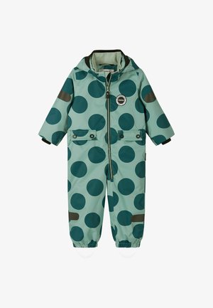 Hellgrüner wasserdichter Kinder-Jumpsuit mit großen dunkelgrünen Punkten, Frontreißverschluss, Kapuze und elastischen Bündchen mit Fußriemen.