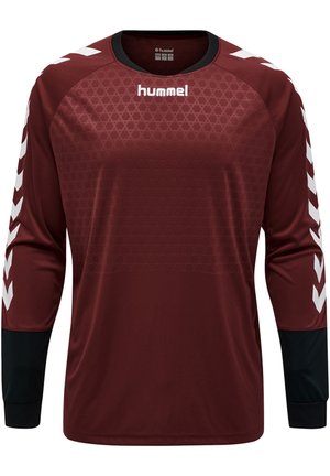 Langmouw atletisch jersey in donkerrood met honingraat textuur, zwarte accenten op de manchetten en witte chevron strepen op de mouwen.