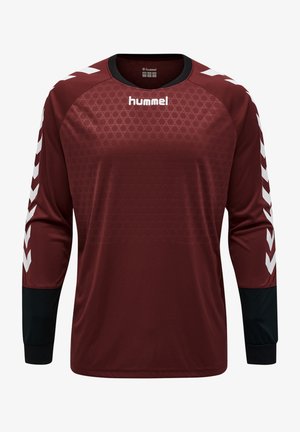 Langmouw atletisch jersey in donkerrood met honingraat textuur, zwarte accenten op de manchetten en witte chevron strepen op de mouwen.
