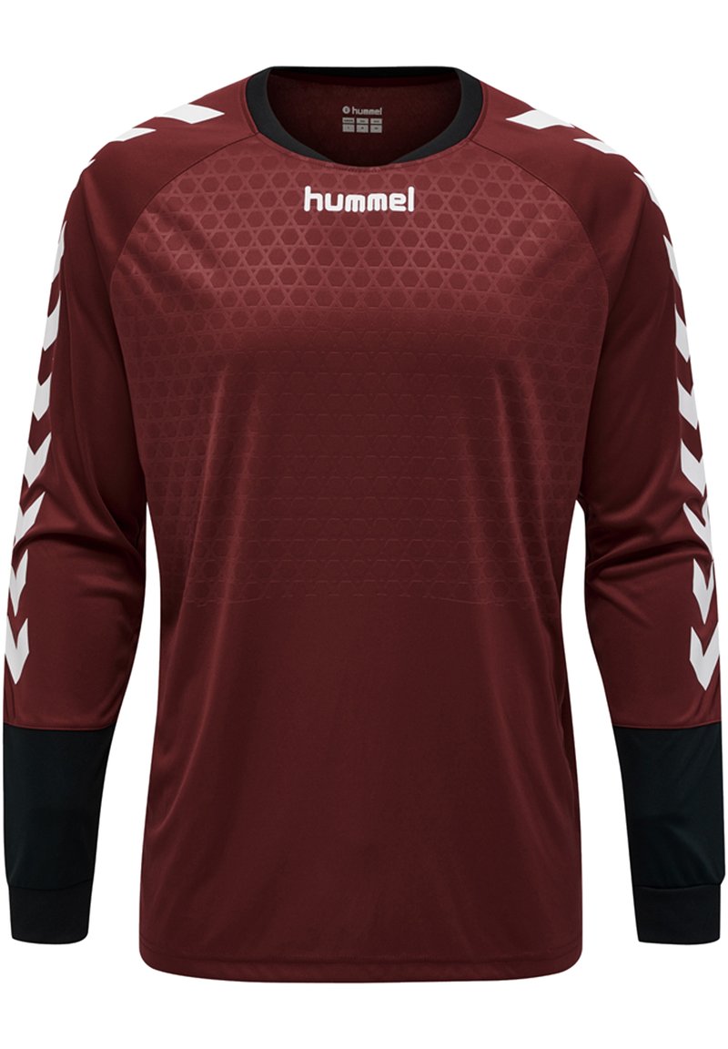 Langarm-Athletiktrikot in Dunkelrot mit Wabenstruktur, schwarzen Akzenten an den Bündchen und weißen Chevron-Streifen auf den Ärmeln.